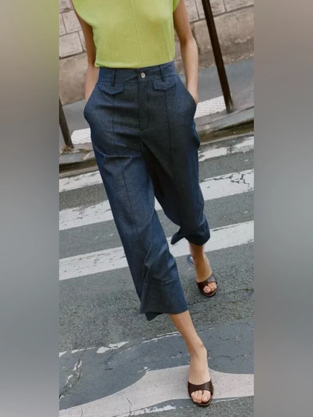 ZARA Linen Blend Wide Leg Denim Culotte Pants Indigo Blue XS NWT